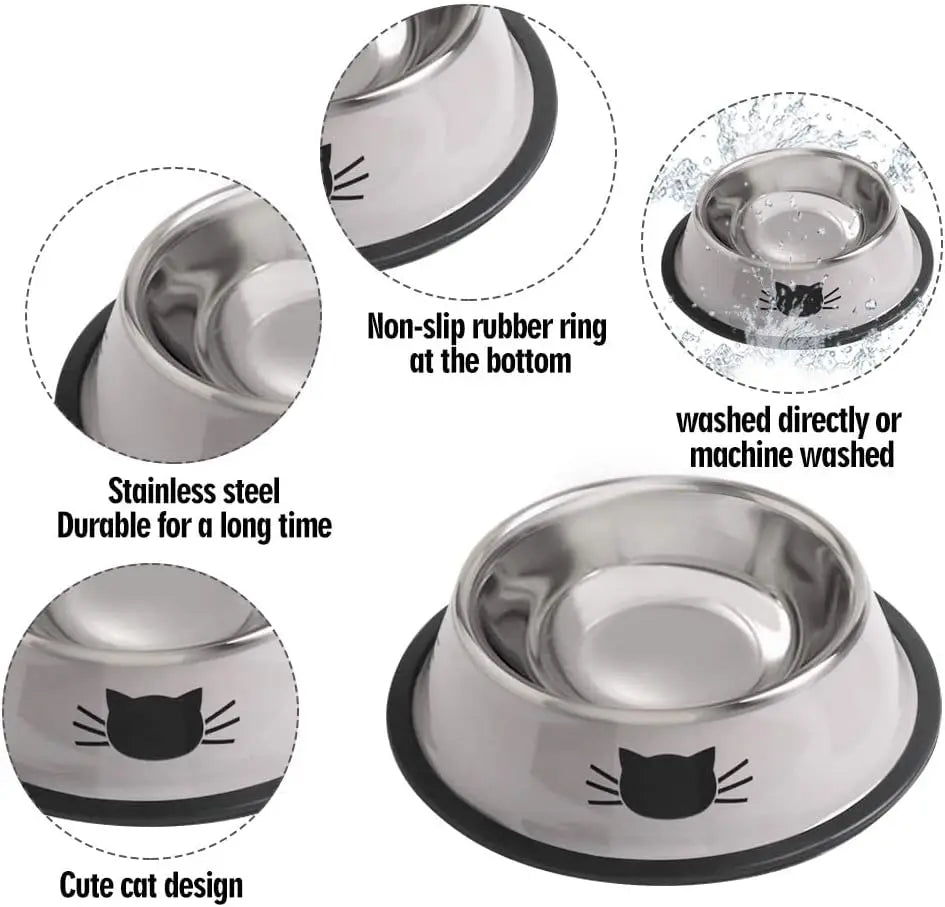 Cat Bowls for Food and Water,2PCS Non-Slip Stainless Steel 8 Oz Pet Bowl with Removable Rubber Base Dog Bowl